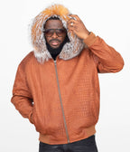 Embossed Leather Bomber Jacket with fox fur trimmed hood Style #2266F