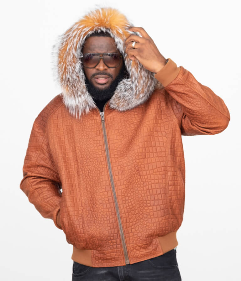 Embossed Leather Bomber Jacket with fox fur trimmed hood Style #2266F