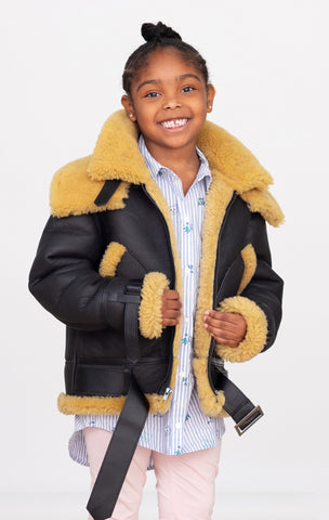 Sheepskin Unisex Kids Bomber jacket with double collar Style #Chicago