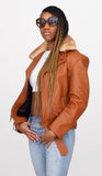 Women Leather Motorcycle Jacket with Sheepskin Collar Style #1033