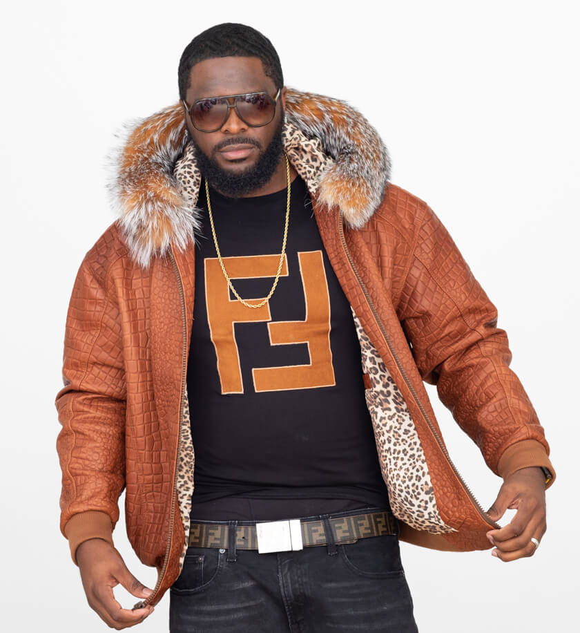 Embossed Leather Bomber Jacket with fox fur trimmed hood Style #2266F