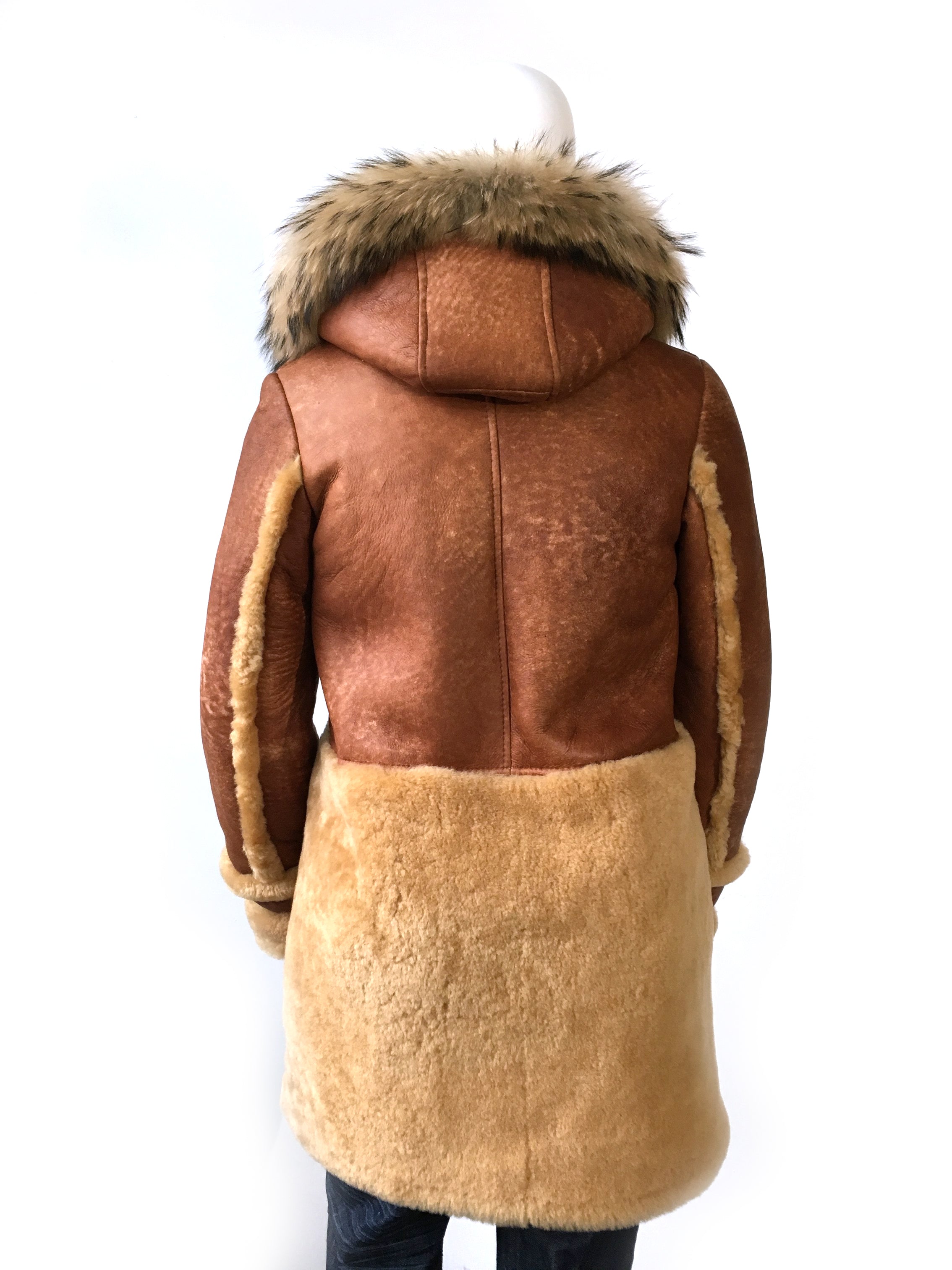 Women's Long Sheepskin Coat with Fur Style #1044 - Jakewood Shearlin Leather Mouton Fur Bomber Aviator Parka Coat Jacket Sheepskin All size Brooklyn New York manufacturer 