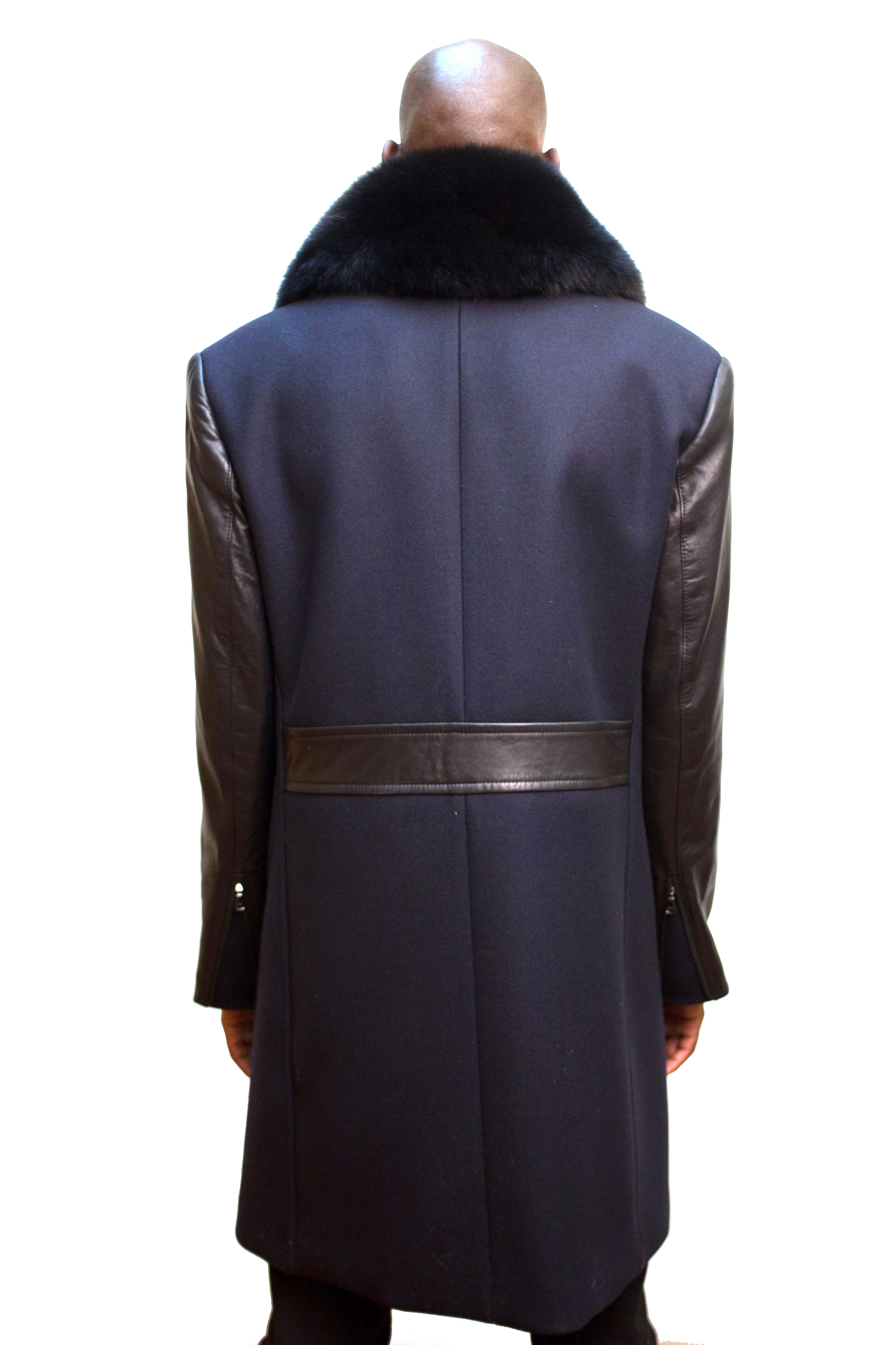 Wool Jacket with Leather Sleeves Fox Fur Collar Style #3110 - Jakewood Shearlin Leather Mouton Fur Bomber Aviator Parka Coat Jacket Sheepskin All size Brooklyn New York manufacturer 