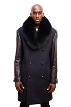 Wool Jacket with Leather Sleeves Fox Fur Collar Style #3110 - Jakewood Shearlin Leather Mouton Fur Bomber Aviator Parka Coat Jacket Sheepskin All size Brooklyn New York manufacturer 