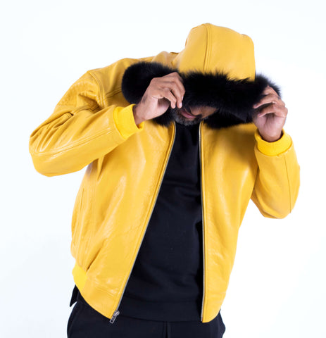 Heavyweight lambskin leather jacket with fox fur trimmed hood Style #2066H
