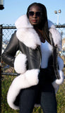 Ladies high-low length jacket.  Fox fur collar, cuffs and bottom Style #1006