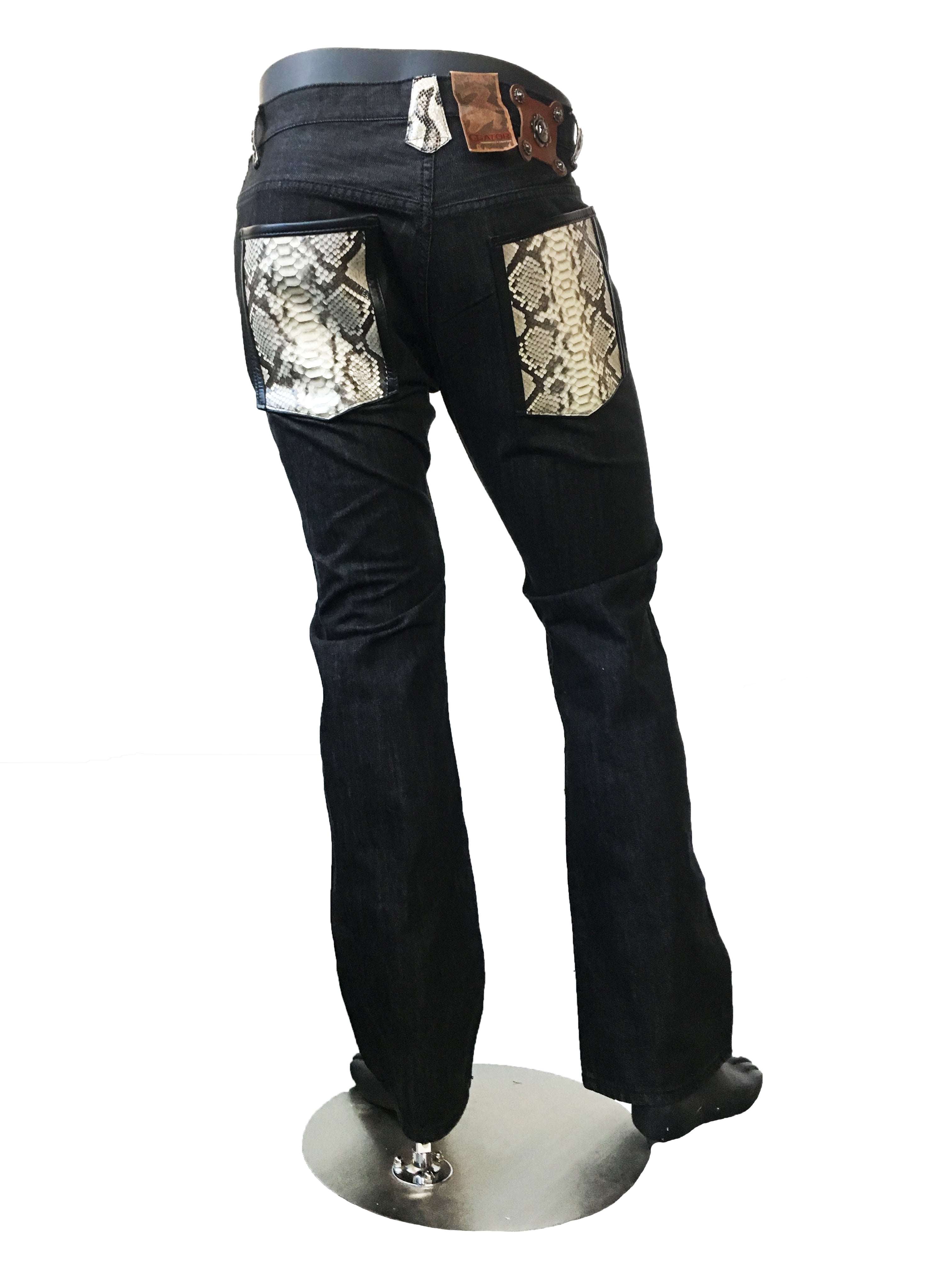 l.g.b coated leather snake patch denim