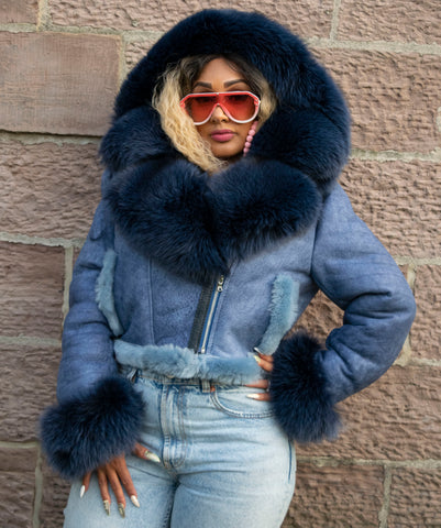 Women's Short Crop Shearling Sheepskin Leather Jacket with Crystal Fox Fur Style #1019