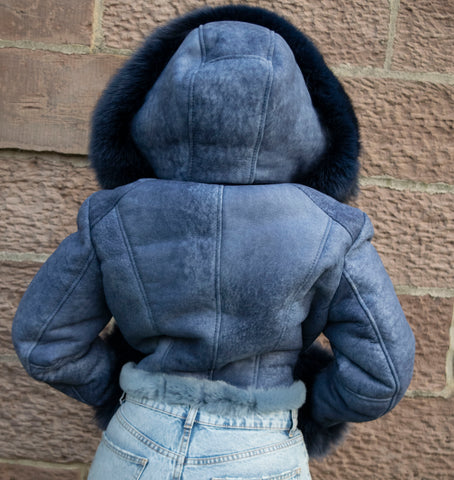 Women's Short Crop Shearling Sheepskin Leather Jacket with Crystal Fox Fur Style #1019