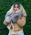 Women's Short Crop Shearling Sheepskin Leather Jacket with Crystal Fox Fur Style #1019