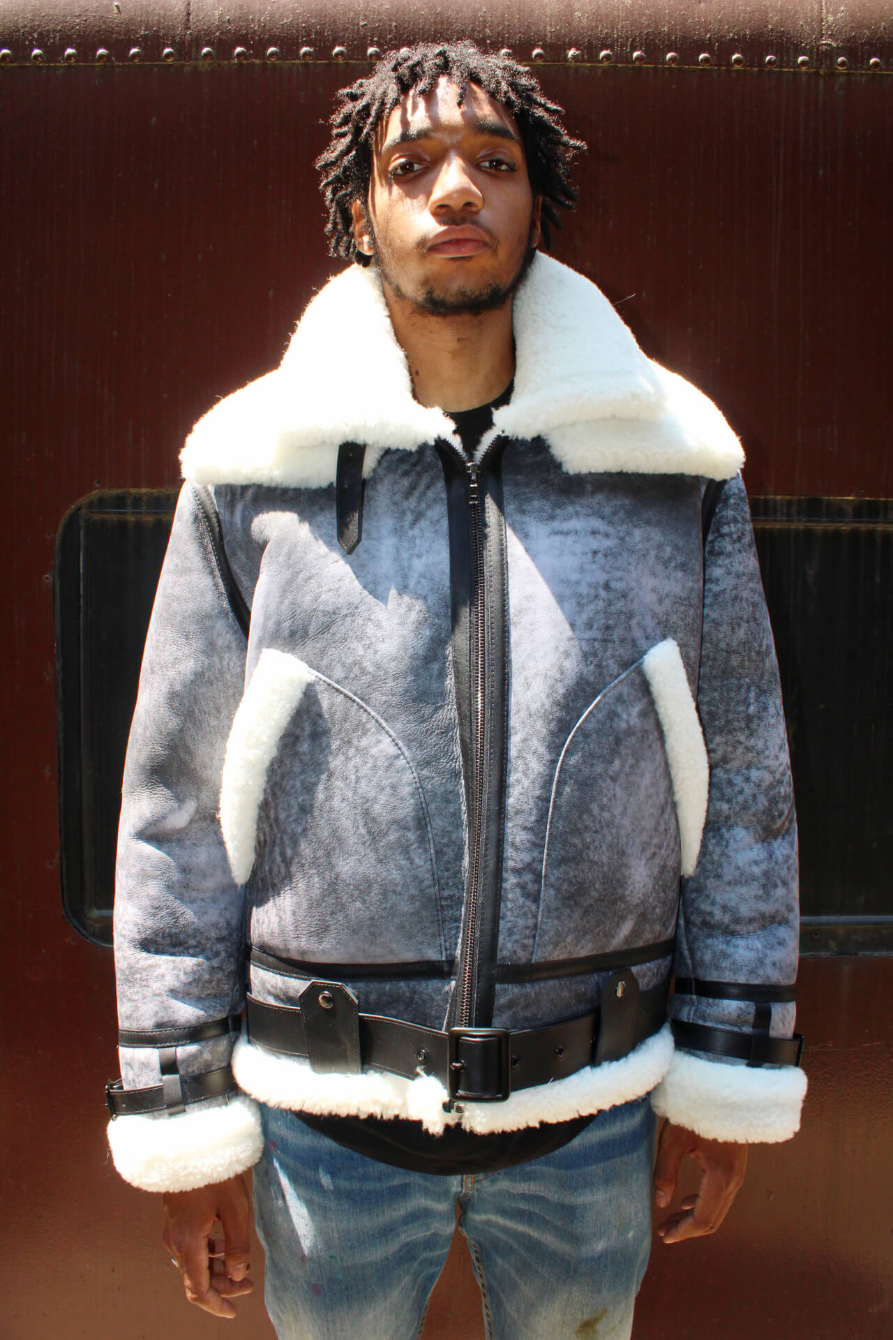 Sheepskin Jacket Bomber with Double Collar Style #808