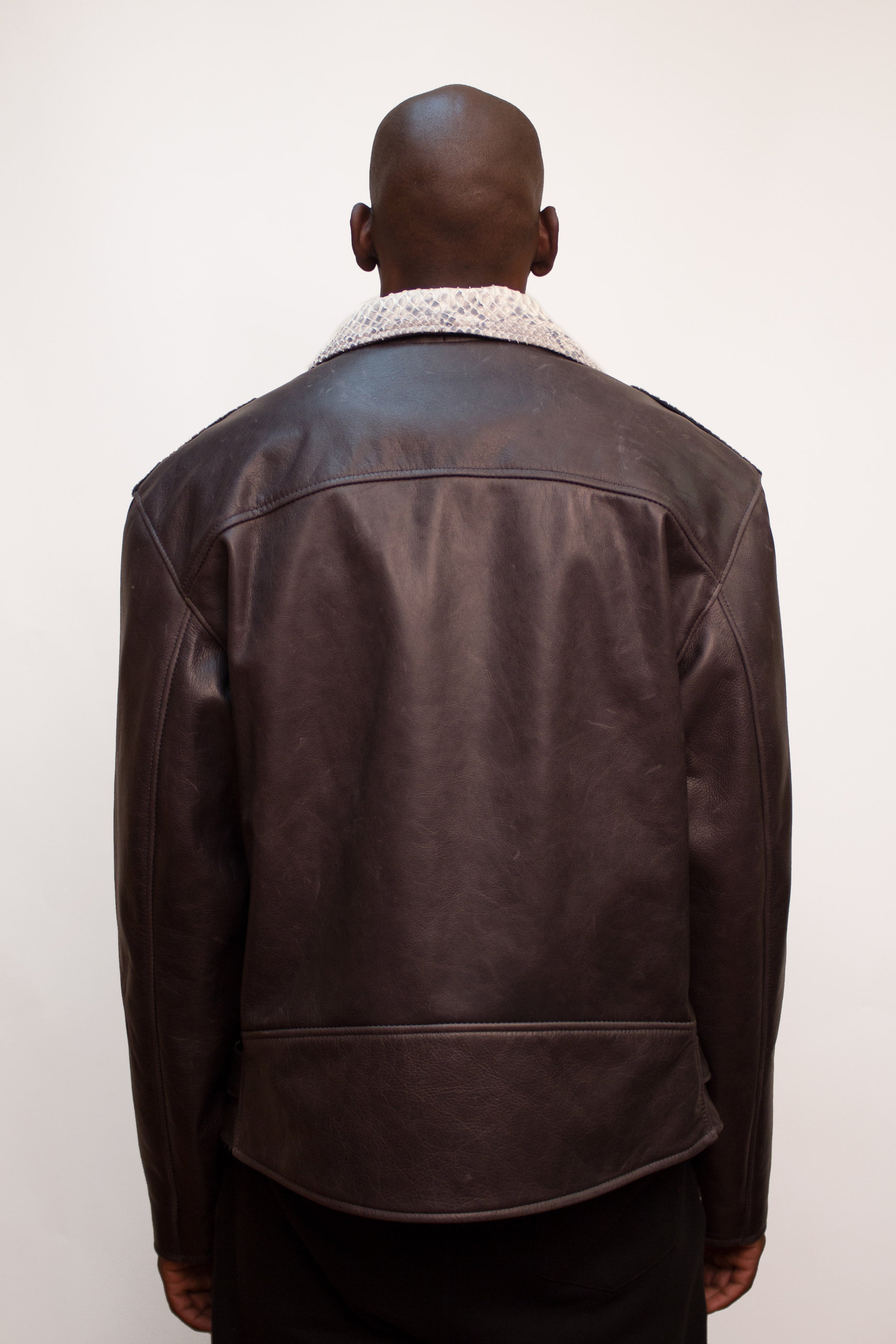 Motorcycle Leather Jacket With Python Trimming #3016