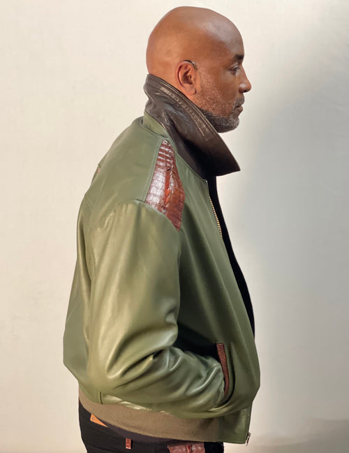 Alligator Trimmed Genuine Lambskin Leather Baseball Varsity Jacket Style #2079