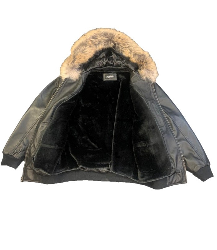 Heavyweight lambskin leather jacket with fox fur trimmed hood